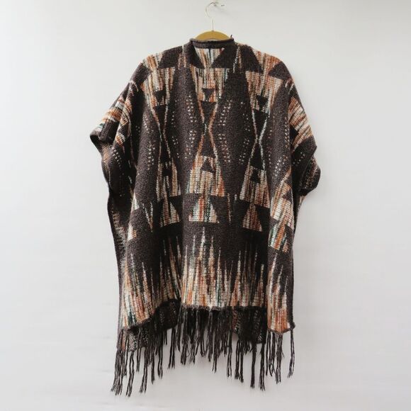 Boho Southwestern Women Size Large Open Front Gray Neutral Beige Fringe Poncho - Picture 2 of 12